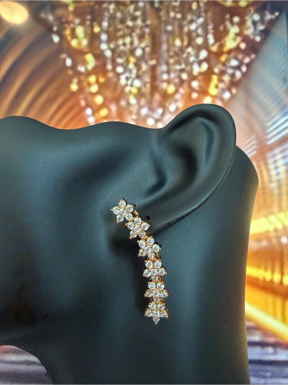 Gold Crystal Floral Drop Ear Climber